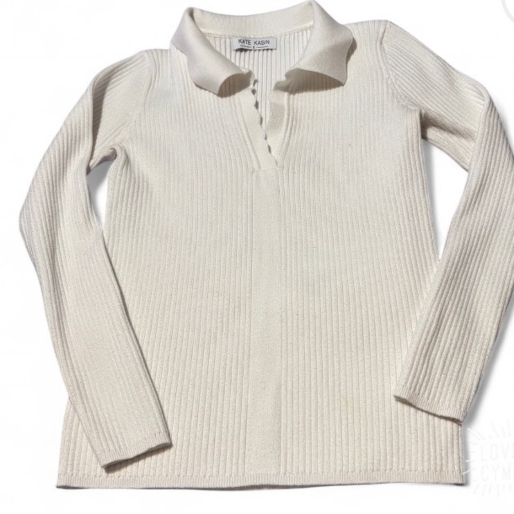 White Ribbed Knit Collared Sweater